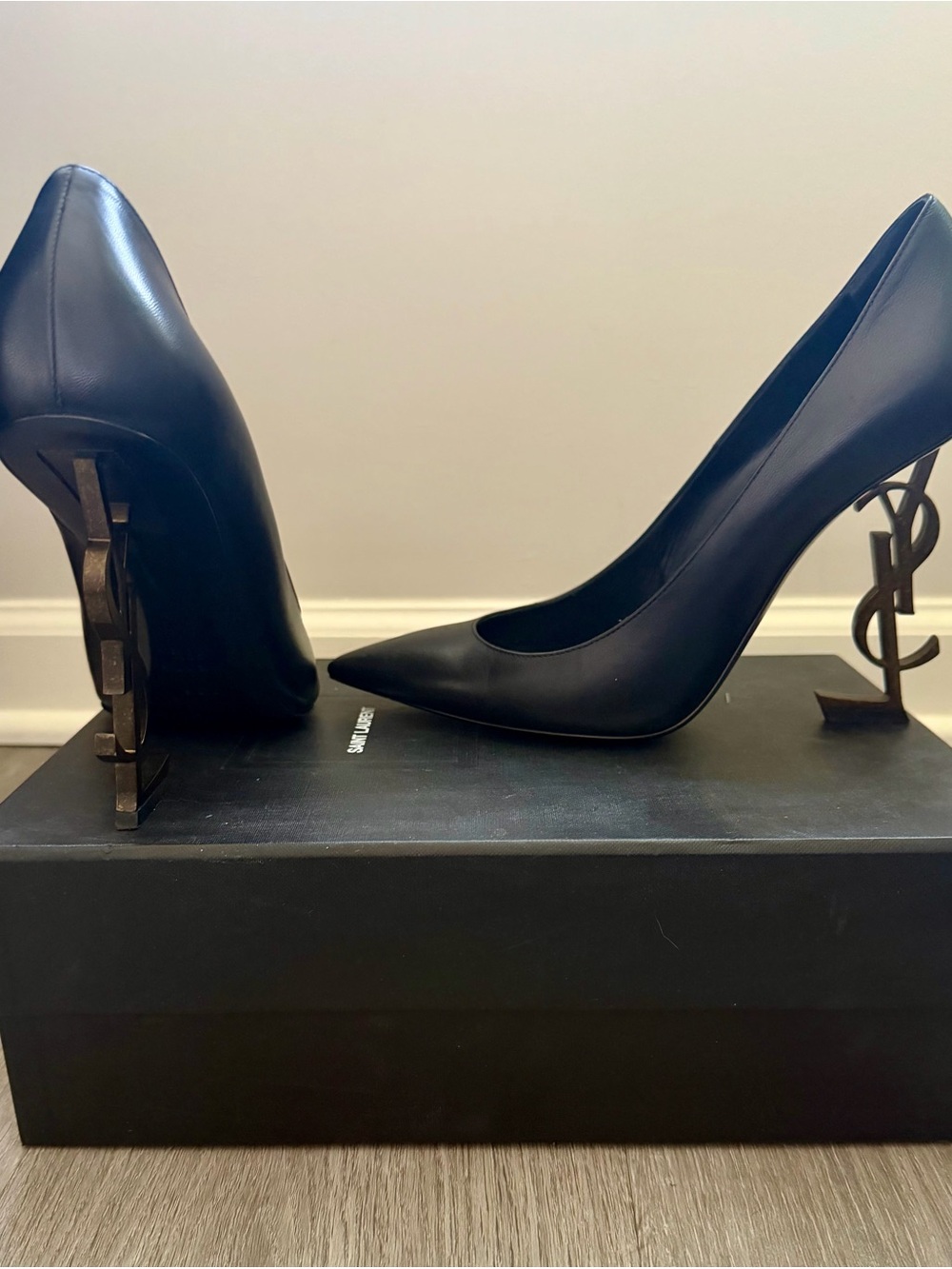 Saint Laurent Black Leather YSL Monogram-Heel Pointed Pumps